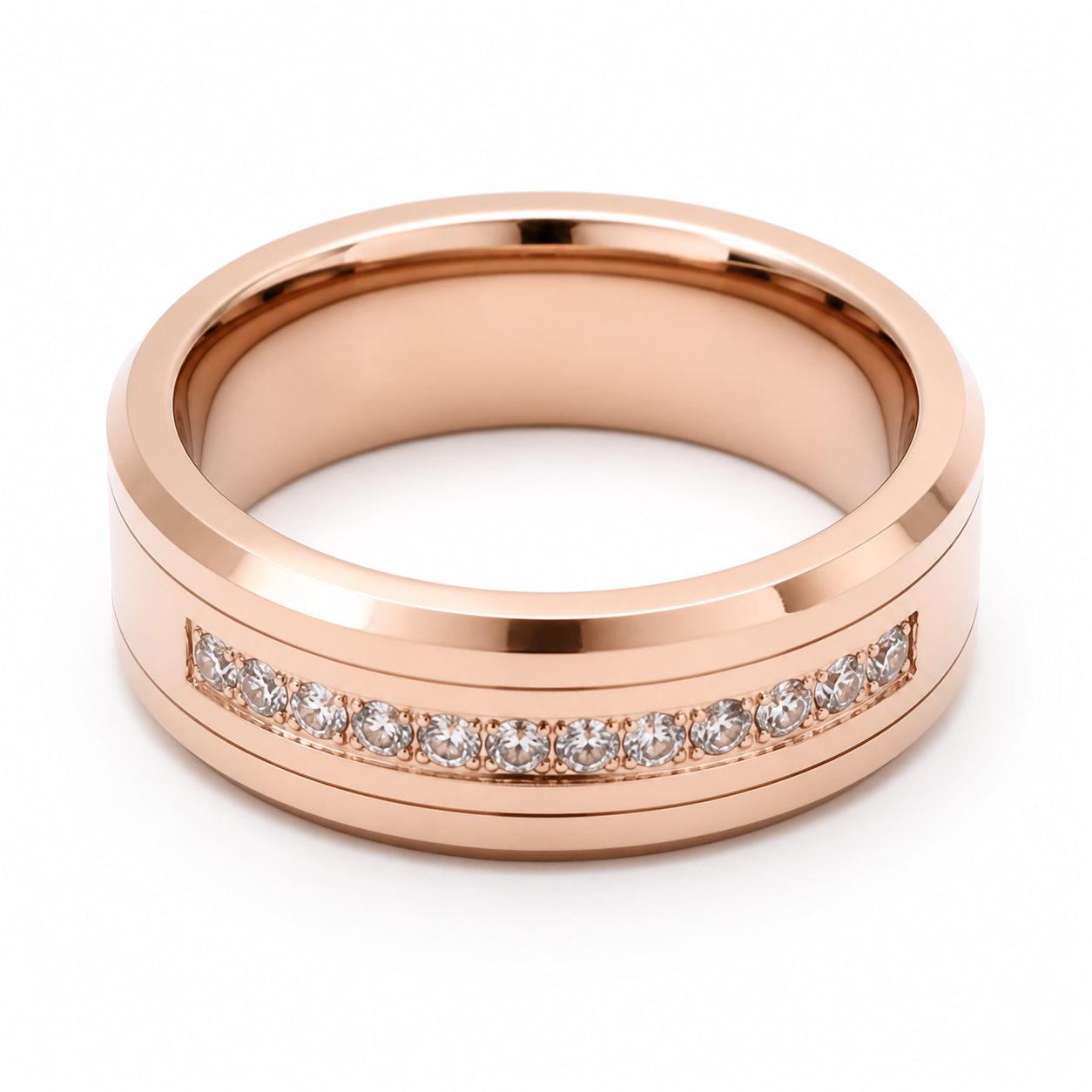 Beveled Swarovski Inlaid Tungsten Carbide Wedding Band